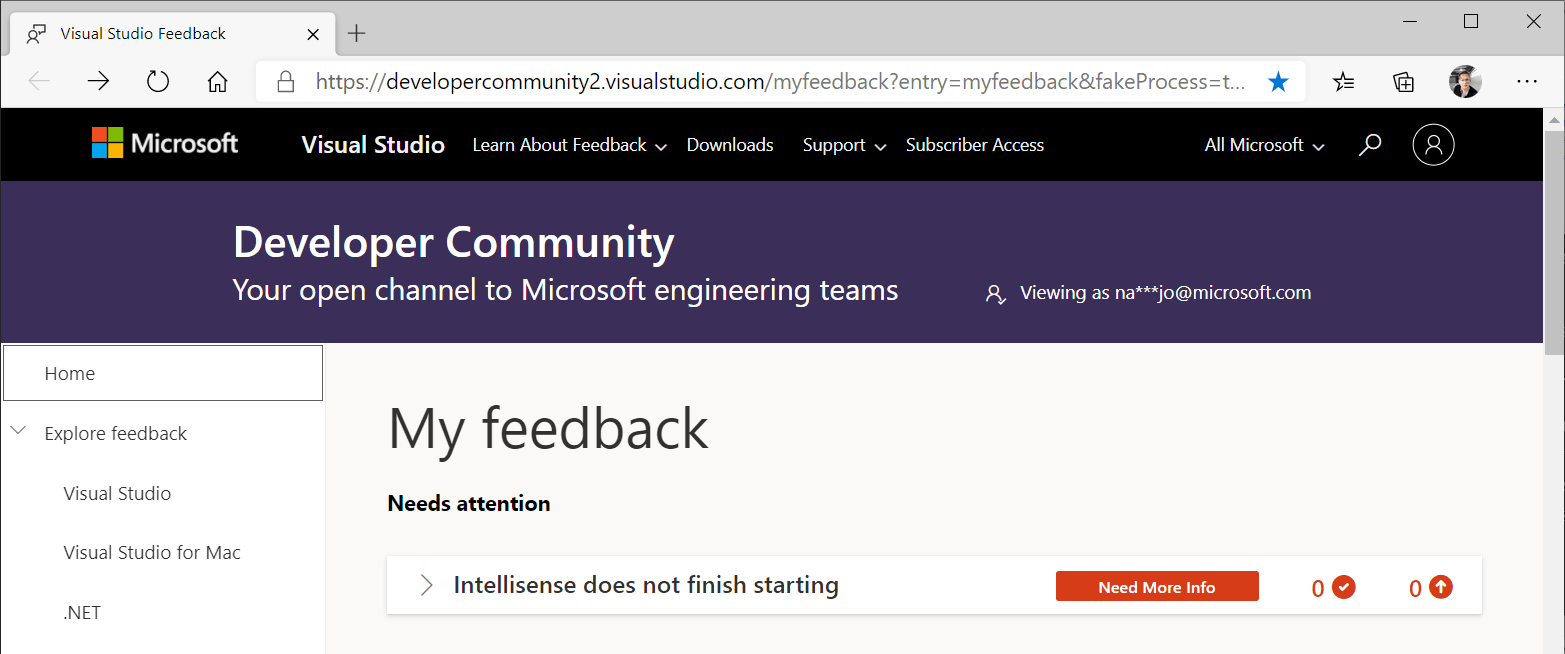  Captura de ecrã da página inicial da janela de feedback Visual Studio. Um item de feedback está listado, marcado com uma etiqueta 