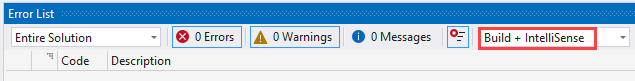 Captura de tela da janela da Lista de Erros. Build + IntelliSense está selecionado na lista pendente do filtro.
