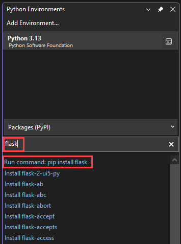 Captura de tela que mostra como instalar a biblioteca Flask usando pip install no Visual Studio.