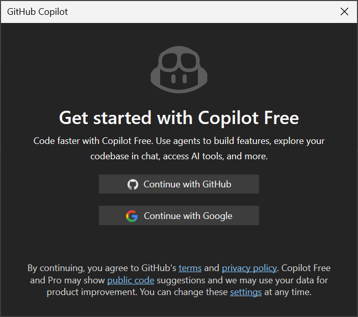 Captura de ecrã do diálogo Começar com o Copilot Grátis no Visual Studio.