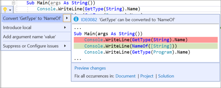 Captura de ecrã do menu Quick Actions and Refactorings em Visual Studio com Converter 'GetType' em 'NameOf' selecionado e Visual Basic alterações de código mostradas.