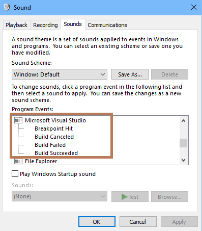 Captura de ecrã do separador Sons da caixa de diálogo Som no Windows 10.