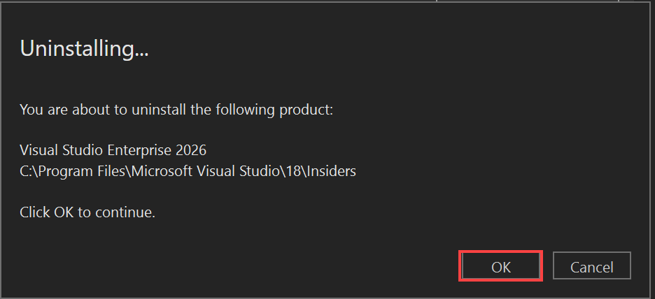 Captura de ecrã que mostra o diálogo para confirmar que queres desinstalar o Visual Studio.