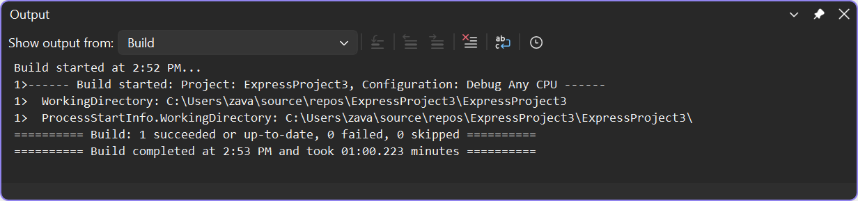 Captura de ecrã da janela de Saída em Visual Studio a mostrar output mínimo de build.