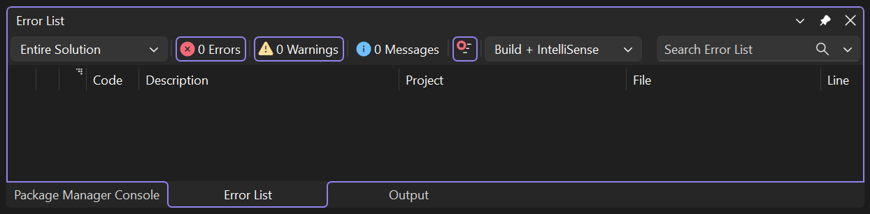 Captura de ecrã da lista de erros em Visual Studio.