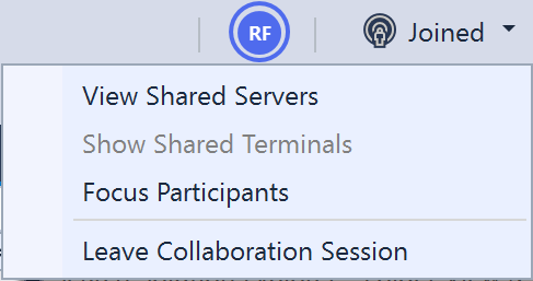 Captura de ecrã que mostra o menu Visual Studio Live Share quando se junta numa sessão de colaboração.