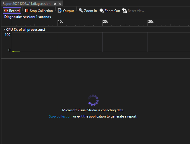 Captura de tela que mostra a suspensão da coleta de dados de uso da CPU.