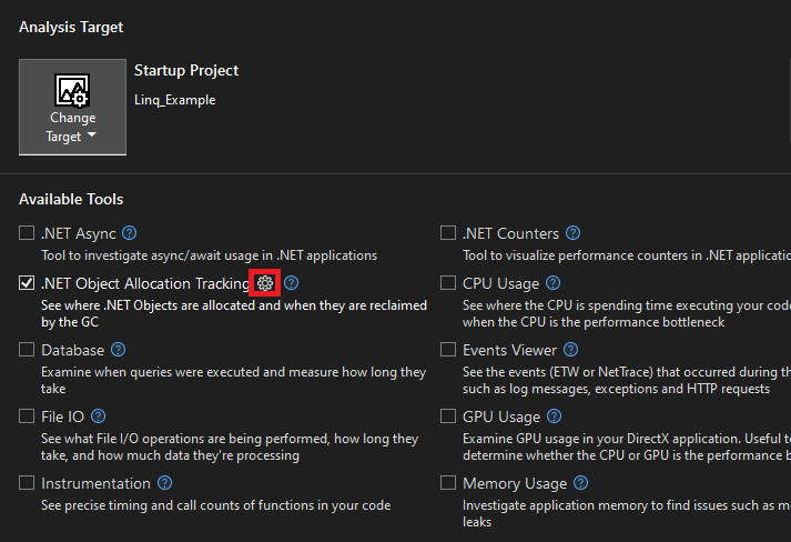 Captura de tela das configurações da ferramenta Dotnet Allocation. Configurações da ferramenta Dotnet Allocation