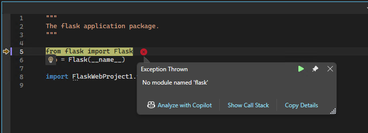 Captura de tela do depurador do Visual Studio para Python mostrando uma caixa de diálogo pop-up de exceção.