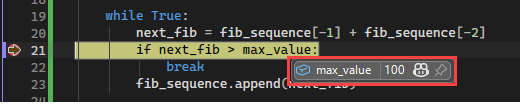 Captura de tela que mostra o valor DataTips para uma variável no depurador do Visual Studio.
