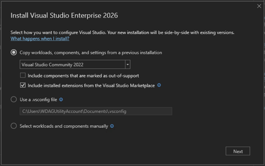 Captura de ecrã da configuração intall do Visual Studio Enterprise 2026.