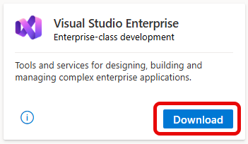 Captura de ecrã do mosaico Visual Studio Enterprise e do correspondente botão 'Descarregar'.