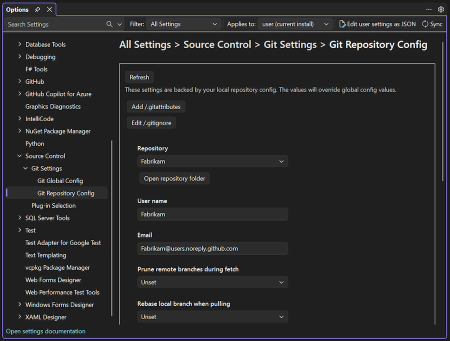 Captura de ecrã das opções de configuração do Repositório Git no Visual Studio.
