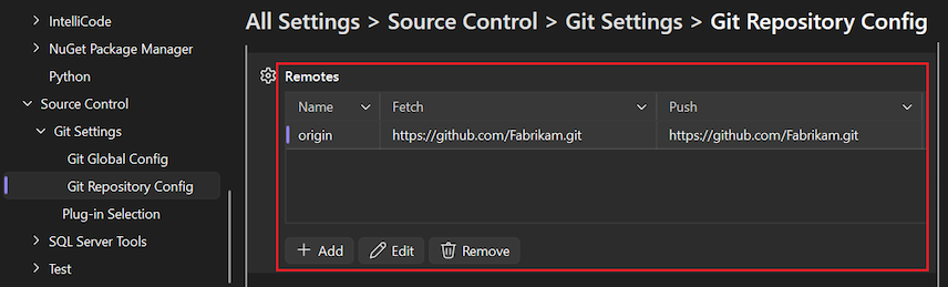 Captura de ecrã que mostra a secção Git Remotes do repositório local.