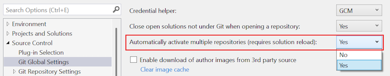Captura de ecrã da opção 'Ativar automaticamente múltiplos repositórios' no diálogo de Opções.