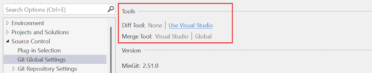 Captura de ecrã que mostra as opções 'Ferramenta de Diferencial' e 'Ferramenta de Fusão' com o link Usar Visual Studio destacado.