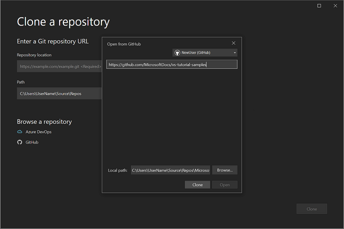 Captura de tela da janela Abrir do GitHub, onde você pode selecionar um repositório ou adicionar um.