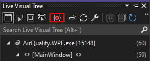 Captura de tela do botão de falhas de vinculação na janela da ferramenta Live Visual Tree.