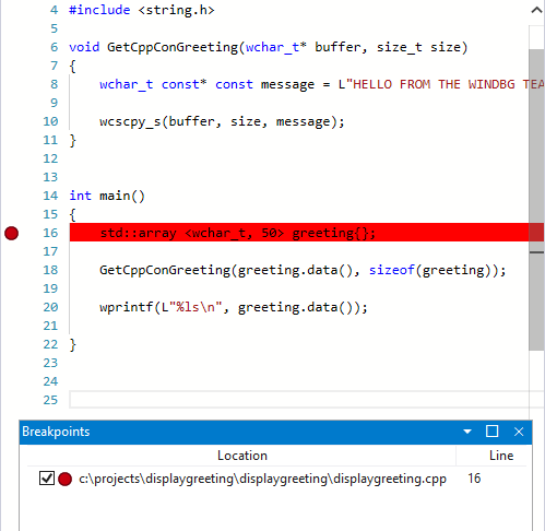 Captura de ecrã da janela de origem no WinDbg com um ponto de interrupção estabelecido em std::array.