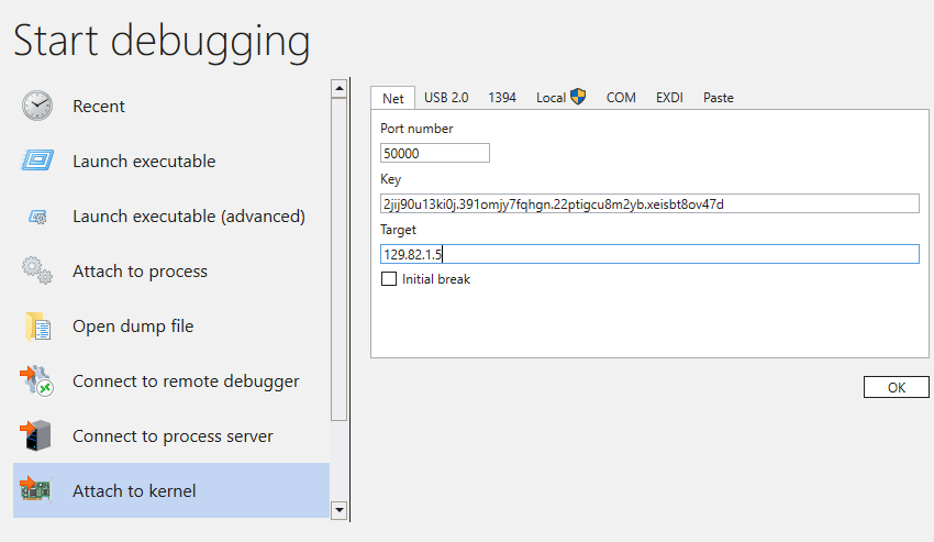 Captura de tela do painel Iniciar depuração com o menu Anexar ao kernel mostrando a guia Rede.