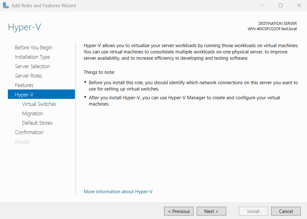 Captura de ecrã das Hyper-V definições de instalação.