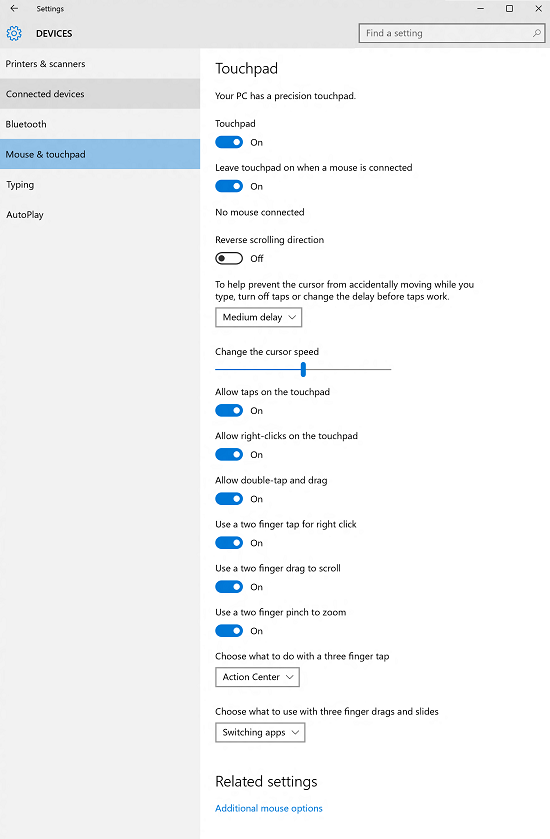 Definições do Touchpad de Precisão do Windows