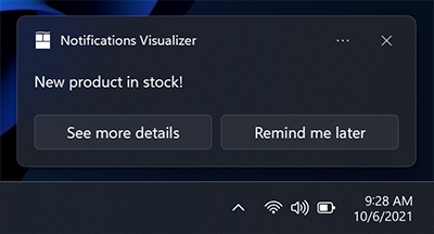 Uma captura de ecrã de uma notificação de aplicação mostrando uma linha de texto seguida de uma linha com dois botões definidos por elementos de ação