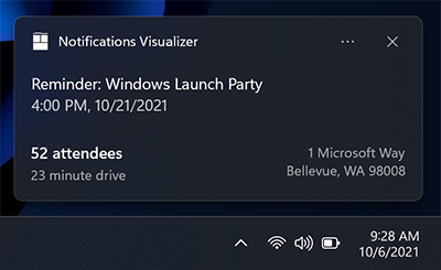 Uma captura de ecrã de uma notificação de aplicação mostrando grupos de elementos de texto alinhados à esquerda e à direita da área visual da notificação.