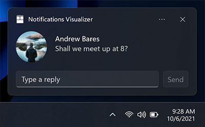 Uma captura de ecrã de uma notificação de aplicação com uma foto de perfil e algumas linhas de texto. Está incluída uma caixa de texto para escrever diretamente na notificação, bem como um botão para enviar a resposta.