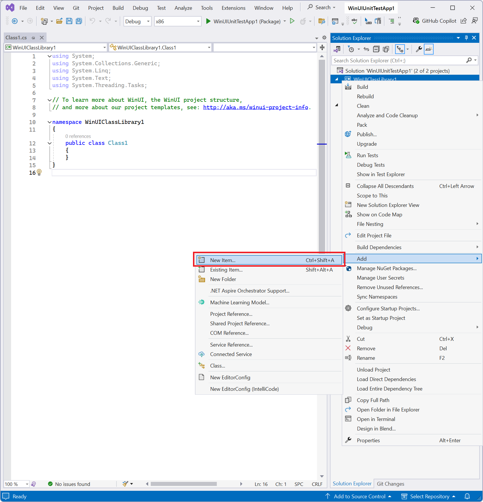Captura de ecrã do menu contextual da Solução com Adicionar\/Novo Item destacado em Visual Studio.