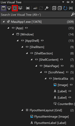 Captura de ecrã da Árvore Visual Dinâmica do Visual Studio com os Realçadores de Layout de Exibição na opção de Aplicação em Execução ativa.