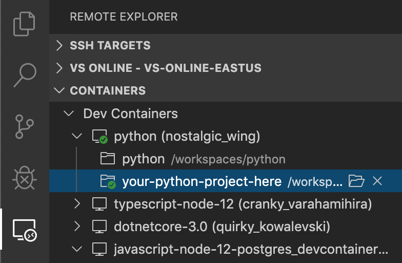 captura de tela do menu do contêiner VSCode
