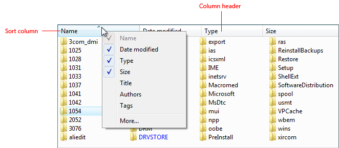 captura de ecrã da vista de lista com cabeçalhos de coluna 
