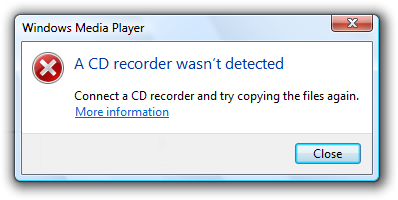 captura de tela da mensagem: gravador de CD não detetado 
