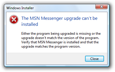 Captura de ecrã da mensagem: A atualização não pode ser instalada 